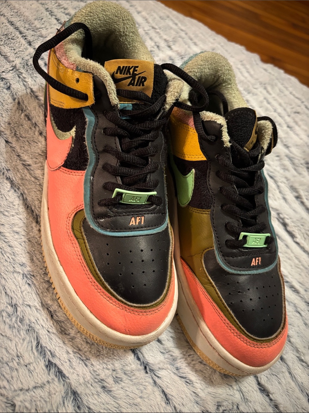 Nike Air Force 1 Kids Sneakers - Black, Coral, Yellow, Green Accents